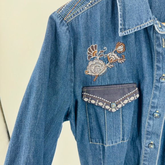 Desigual Denim Shirt Dress Embroidered Studded Belted Midi Western Size 44 Artsy - Picture 4 of 10
